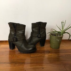 Olive and black zipper heeled booties